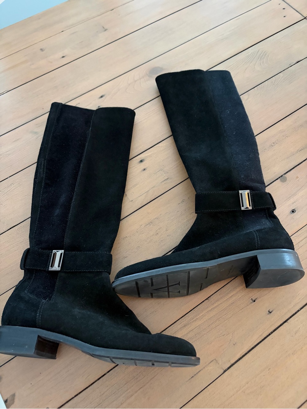 Aquatalia Black Suede Mid-Calf Boots with Buckle/New with some damage - see pics